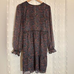 LOFT Multicolor Paisley Shimmer Long Sleeve Dress with Velvet Detail